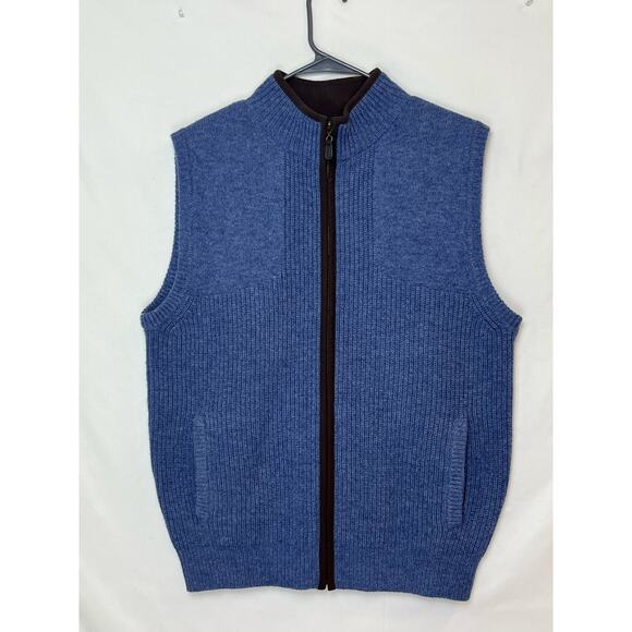 L.L. Bean Men’s Medium Blue 100% Merino Lambs Wool Zip-Front Vest Leather Trim - Picture 1 of 5